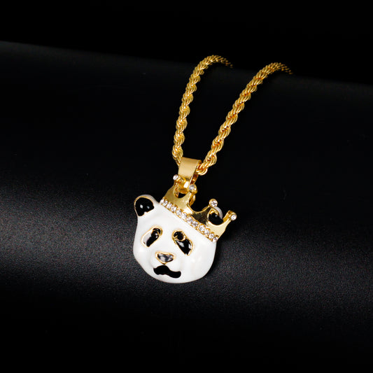 Iced Mini Panda Pendant with 3mm Rope Chain 24" - HC-341