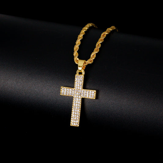 Iced Mini Cross Pendant with 3mm Rope Chain 24" - HC-355