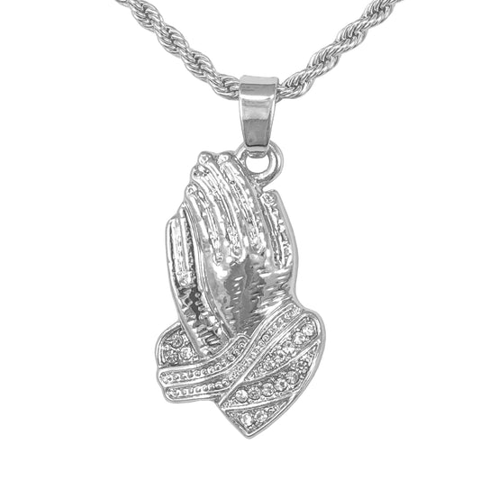 Iced Mini Praying Hands Pendant with 3mm Rope Chain 24" - HC-358**