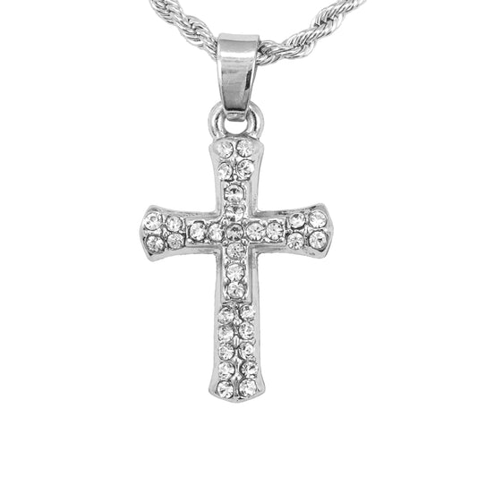 Iced Mini Cross Pendant with 3mm Rope Chain 24" - HC-368