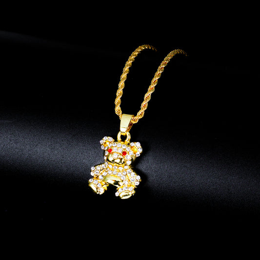 Iced Mini Teddy Bear Pendant with 3mm Rope Chain 24" - HC-375