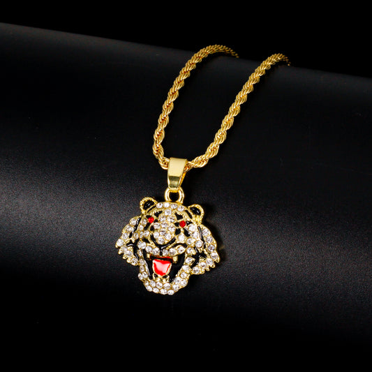 Iced Mini Tiger Pendant with 3mm Rope Chain 24" - HC-380