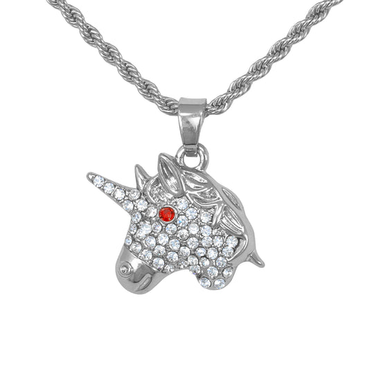 Iced Mini Unicorn Pendant with 3mm Rope Chain 24" - HC-385**