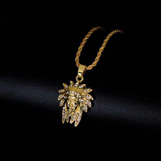 Iced Mini Chief Pendant with 3mm Rope Chain 24" - HC-387