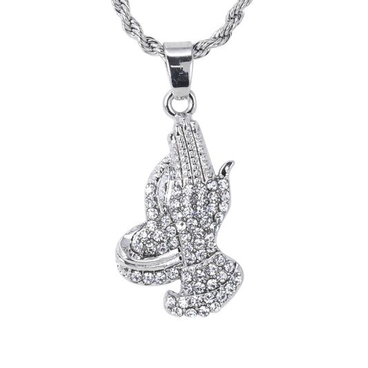 Iced Mini Praying Hands Pendant with 3mm Rope Chain 24" - HC-392