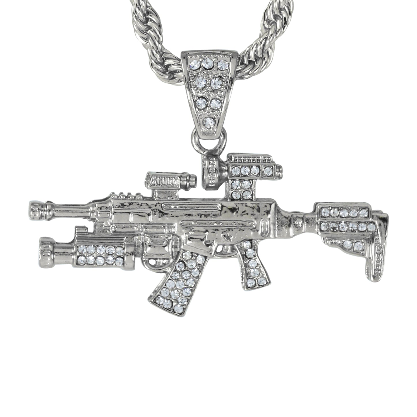 Iced Large Gun Pendant with 8mm Rope Chain 24" - HC-5102**