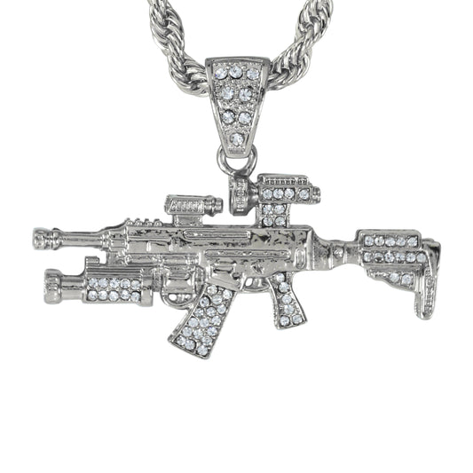 Iced Large Gun Pendant with 8mm Rope Chain 24" - HC-5102**