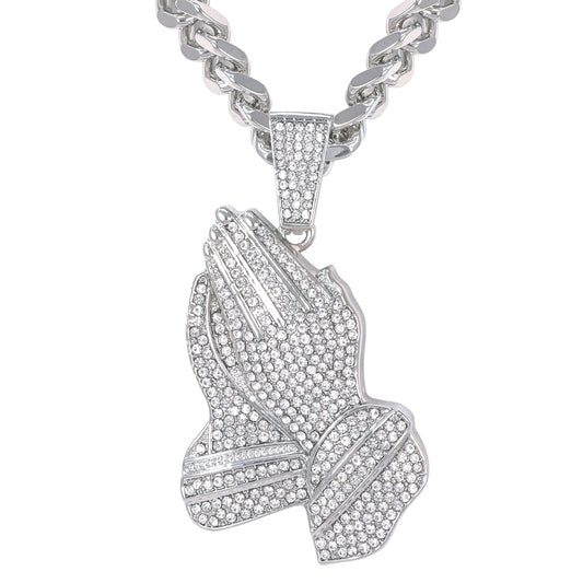 XL Iced Praying-Hands Pendant with 9mm Solid Cuban Chain 30" - HC-6031