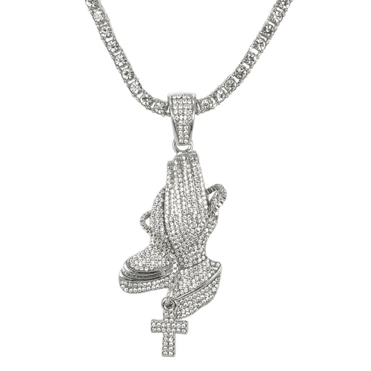 Iced Praying Hands Pendant with 3.5mm Tennis Chain 24" - HC-704