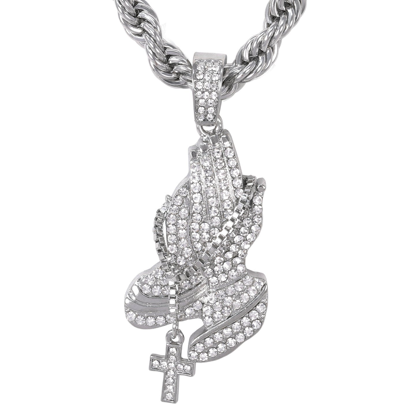 Iced Large Praying Hand Pendant with 8mm Rope Chain 24" - HC-8002