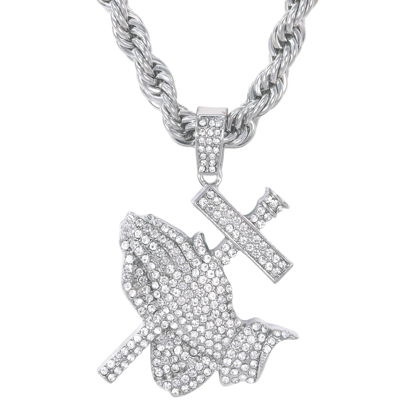 Iced Large Praying Hand Pendant with 8mm Rope Chain 24" - HC-8011
