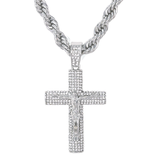 Iced Large Cross Pendant with 8mm Rope Chain 24" - HC-8022