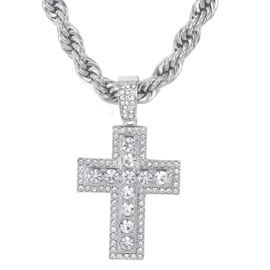 Iced Large Cross Pendant with 8mm Rope Chain 24" - HC-8043
