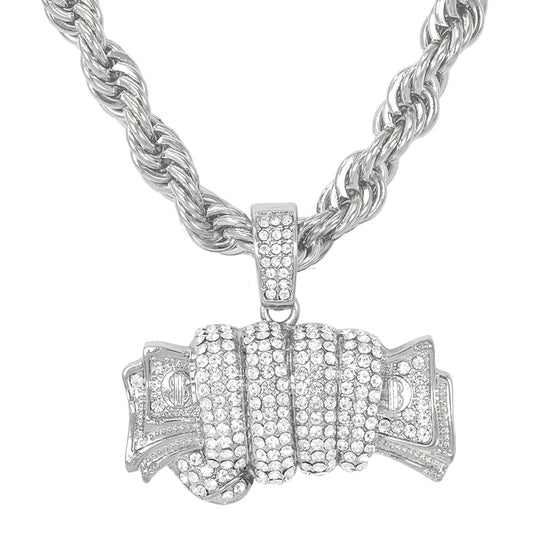 Iced Large Money Pendant with 8mm Rope Chain 24" - HC-8042