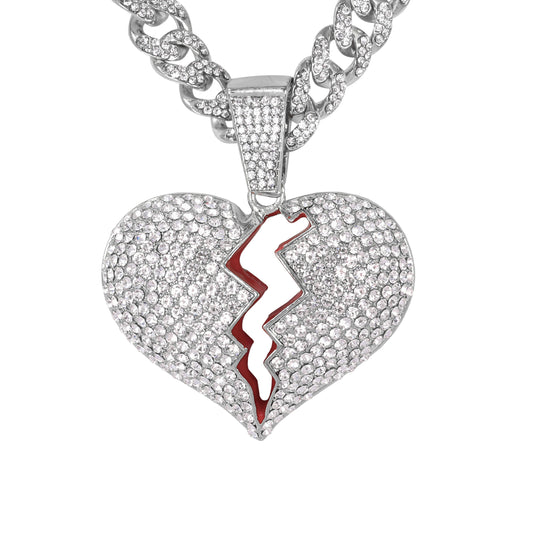 Iced Large Heart Pendant with 12mm Iced Cuban Chain - HC-9008