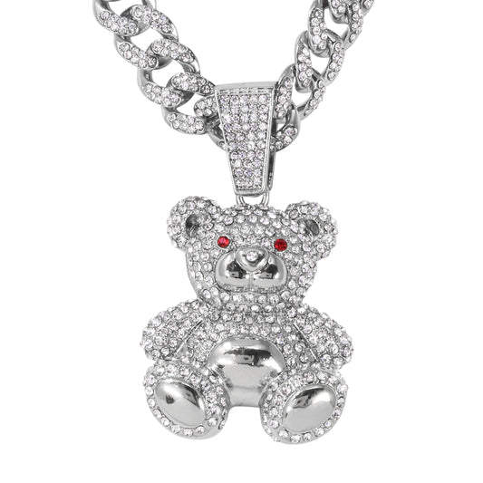 Iced Large Teddy-Bear Pendant with 12mm Iced Cuban Chain - HC-9011