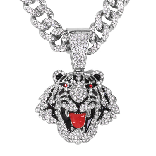 Iced Large Tiger Pendant with 12mm Iced Cuban Chain - HC-9015