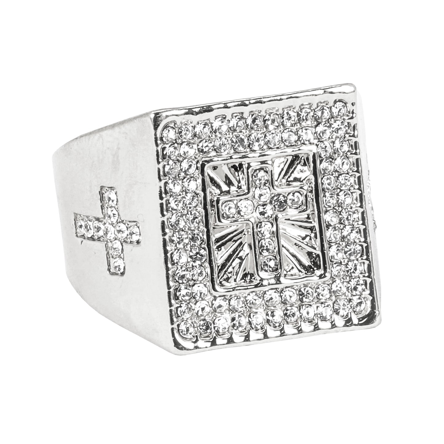 Mens One Size Iced Out Cross Square Ring - HR-42