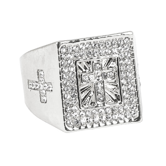 Mens One Size Iced Out Cross Square Ring - HR-42