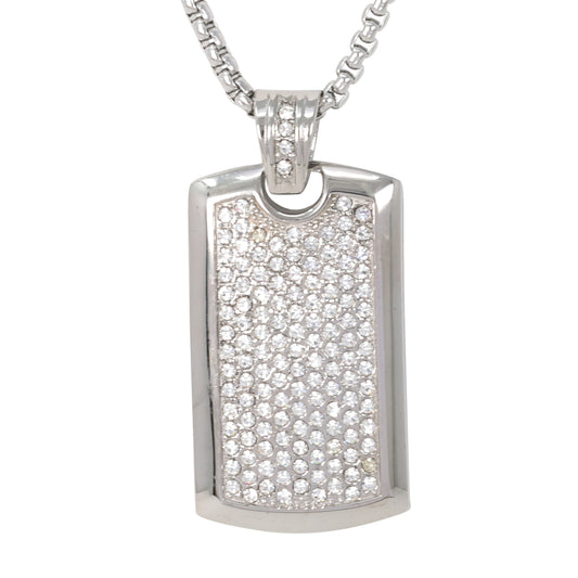 Large Iced Tag Necklace with 3mm Round Box Chain 24" - SCP-3059**