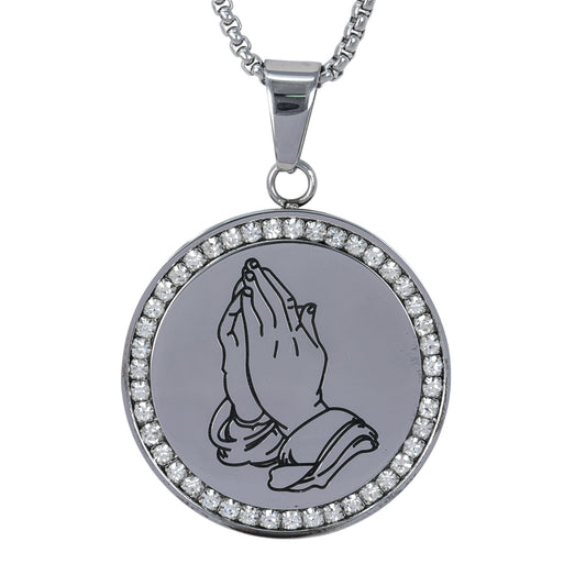 Large Praying Hands Necklace with 3mm Round Box Chain 24" - SCP-3106**