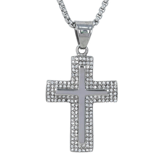 Large Iced Cross Necklace with 3mm Round Box Chain 24" - SCP-3142**