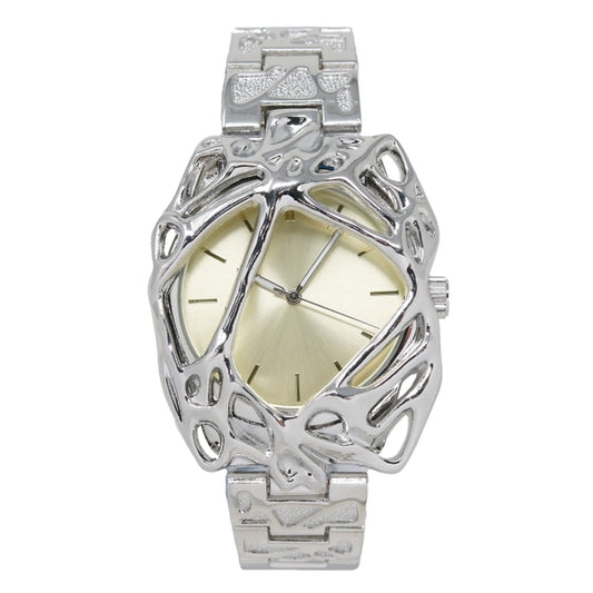 Silver watch with intricate design on a white background