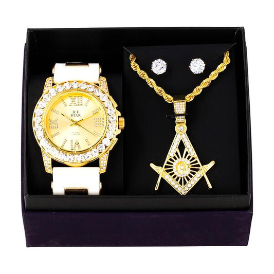 Watch and Mason Necklace with Earrings Gift Set - W1K-111