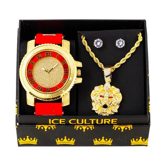 Watch and Lion Necklace with Earrings Gift Set - W1K-115