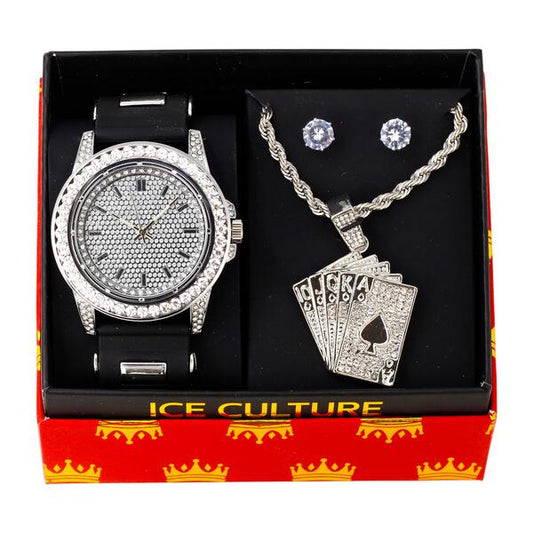 Watch and Playing card Necklace with Earrings Gift Set - W1K-122