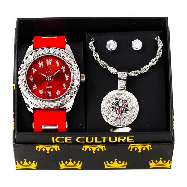 Watch and Tiger Medallion Necklace with Earrings Gift Set - W1K-125