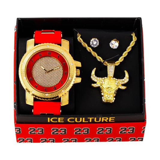 Watch and Angry Bull Necklace with Earrings Gift Set - W1K-140