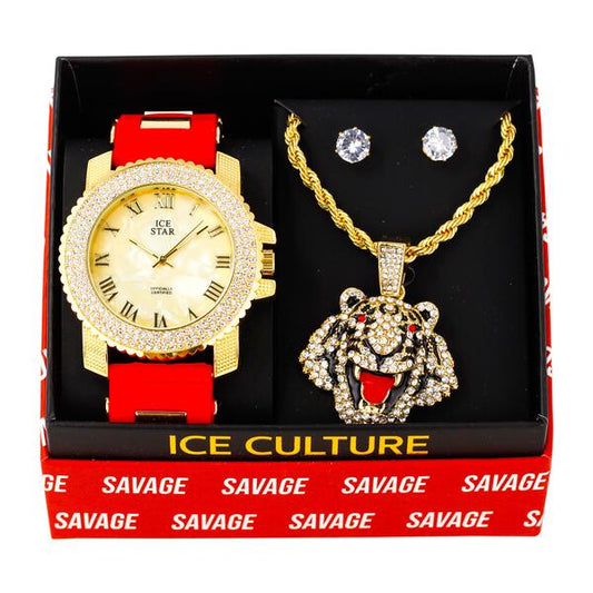Watch and Tiger Necklace with Earrings Gift Set - W1K-147