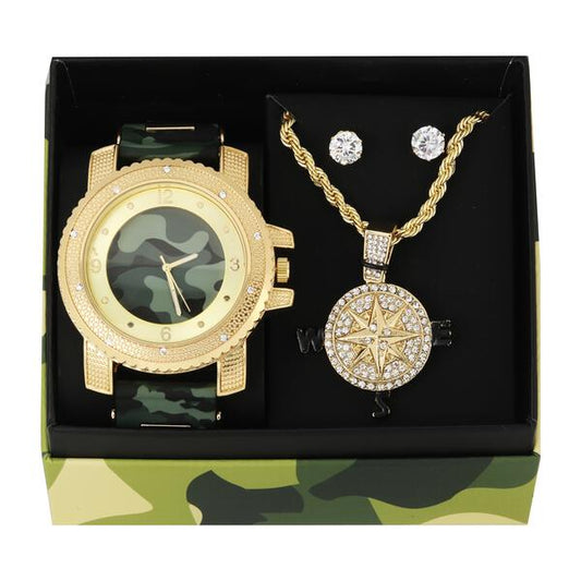 Watch and Compass Necklace with Earrings Gift Set - W1K-164