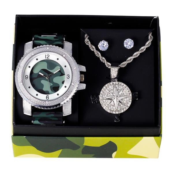 Watch and Compass Necklace with Earrings Gift Set - W1K-164