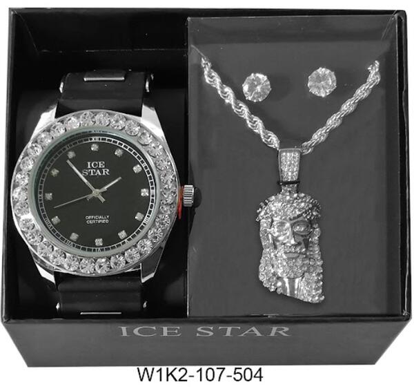 Watch and Jesus Necklace with Earrings Gift Set - W1K2-107