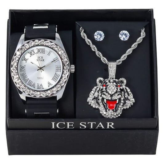 Watch and Tiger Necklace with Earrings Gift Set - W1K2-121