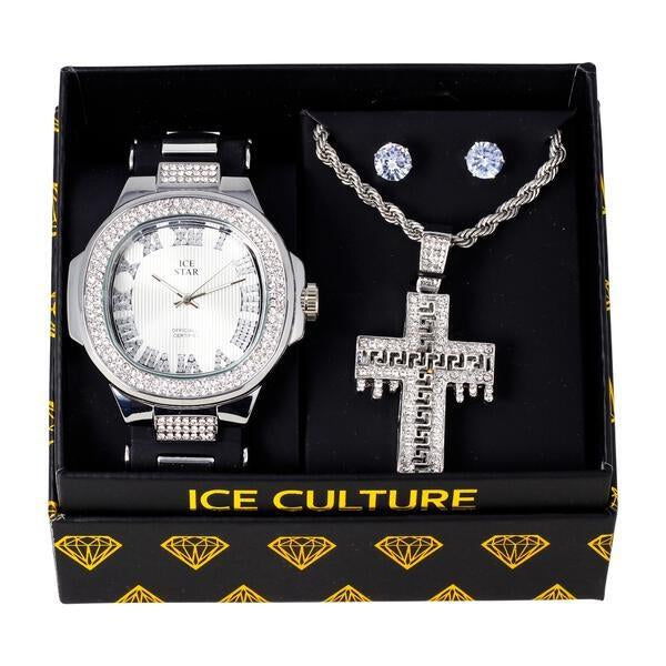 Watch and Cross Necklace with Earrings Gift Set - W1K2-126