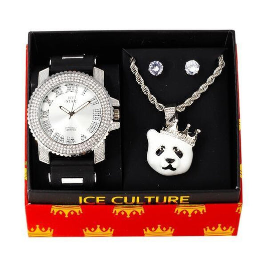 Watch and Streetwear Necklace with Earrings Gift Set - W1K2-128
