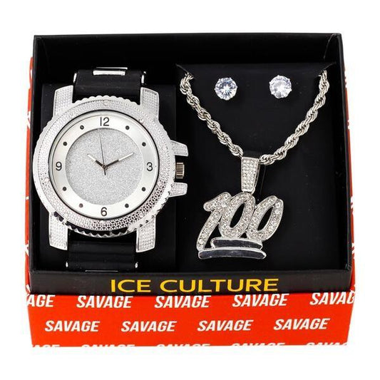 Watch and Streetwear Necklace with Earrings Gift Set - W1K2-129