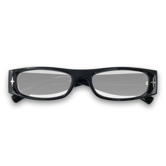 Black eyeglasses with silver accents on a white background
