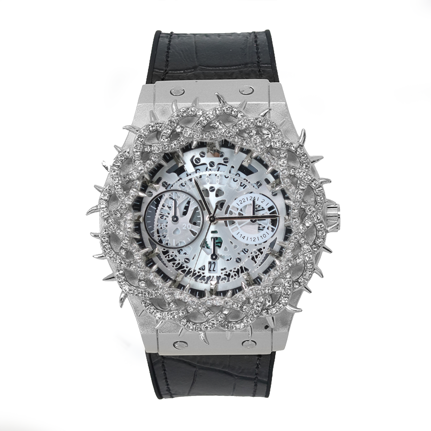 Luxury watch with a black leather strap and silver, diamond-studded face on a white background