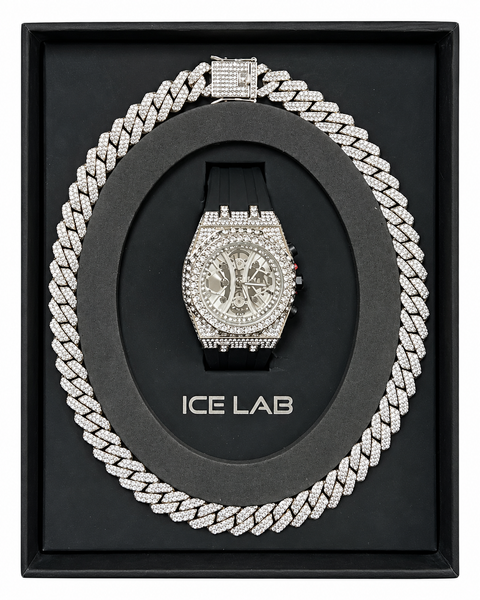 Silver-tone watch and Cuban chain gift set WCH-206-9709C-SB