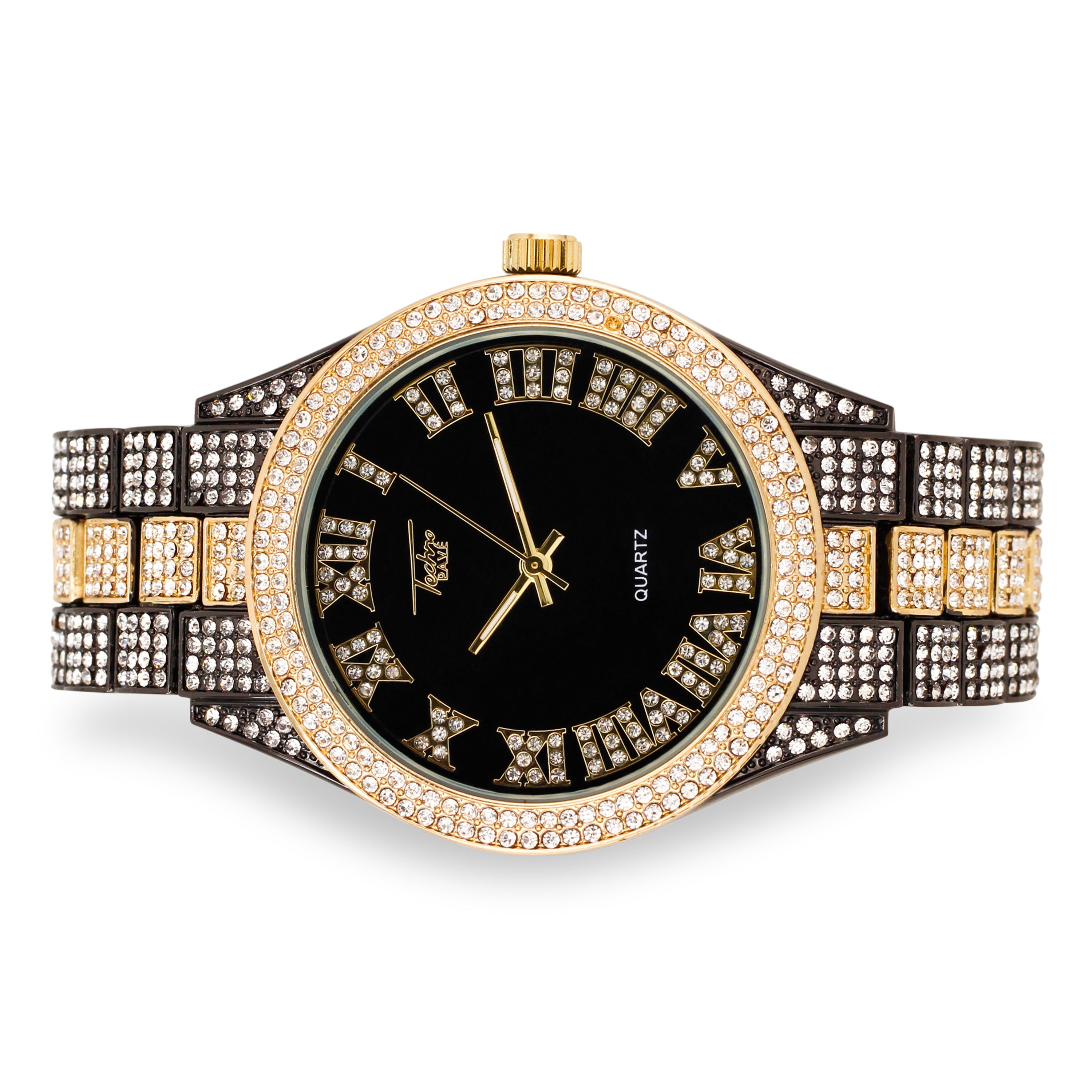 Men's Round Iced Out Watch 42mm Gold - Roman Dial