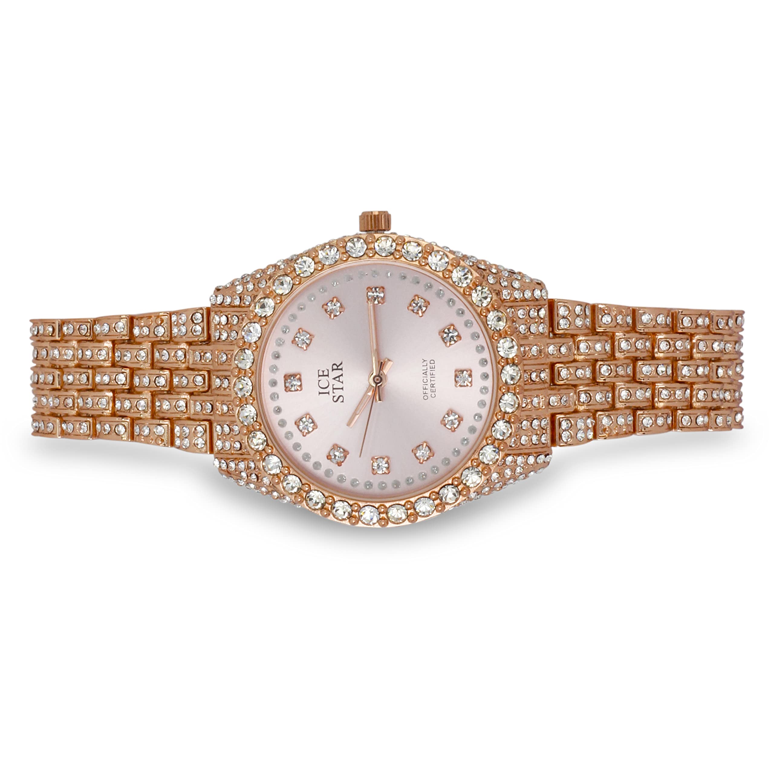 Women's Round Iced Out  Watch 32mm Rose Gold
