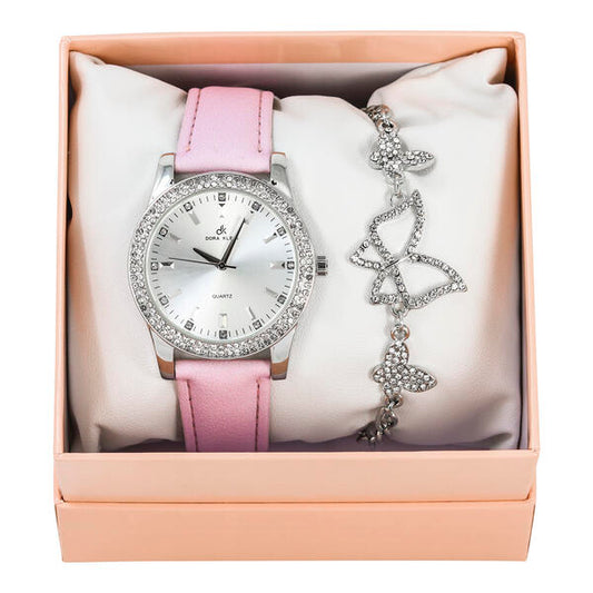 Ladies Leather Watch and Butterfly Bracelet Set - LWBR-901