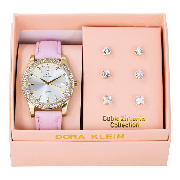 Ladies Leather Watch and Square 3on Studs Set - LW3ER-102