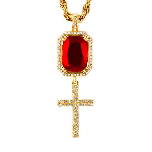 Iced Mini Cross Color Stone Pendant with 3mm Rope Chain 24" - HC-309**