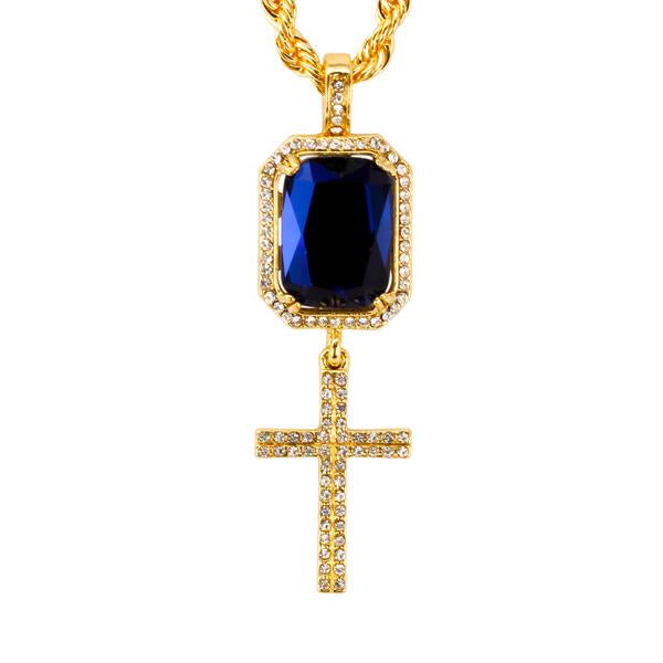 Iced Mini Cross Color Stone Pendant with 3mm Rope Chain 24" - HC-311**