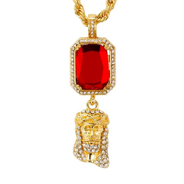 Iced Mini Jesus Color Stone Pendant with 3mm Rope Chain 24" - HC-305**